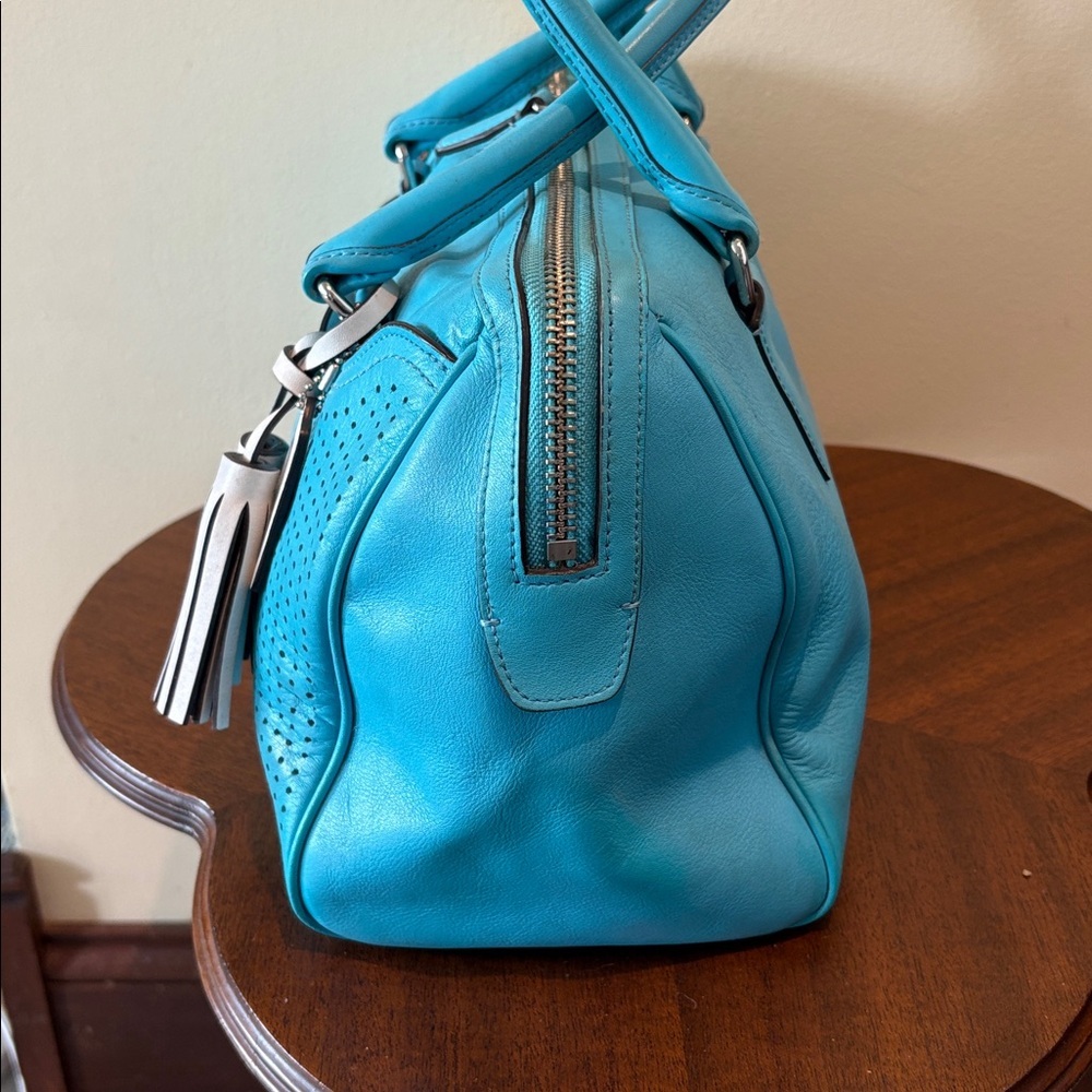 Coach perforated leather Haley Satchel turquoise/white tassels & hangtag Exce - Picture 7 of 17